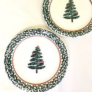 Furio La Primula Christmas Tree Vintage Dinner Plates Spongeware Set of 2 Italy